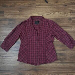 Guess Plaid Button Down Blouse Burgundy Check Ruffle Trim Top Women L Y2K Grunge